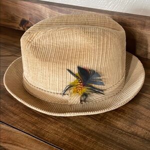 Stetson Fedora Hat with Feathers Size 7 1/8 Tan Corduroy Vintage